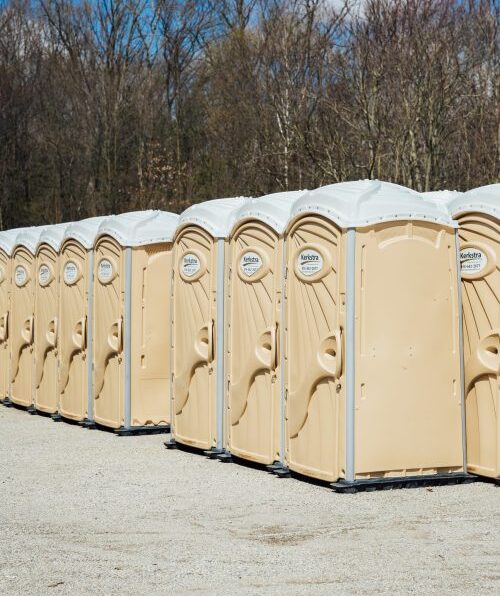 large group of standard portable restrooms