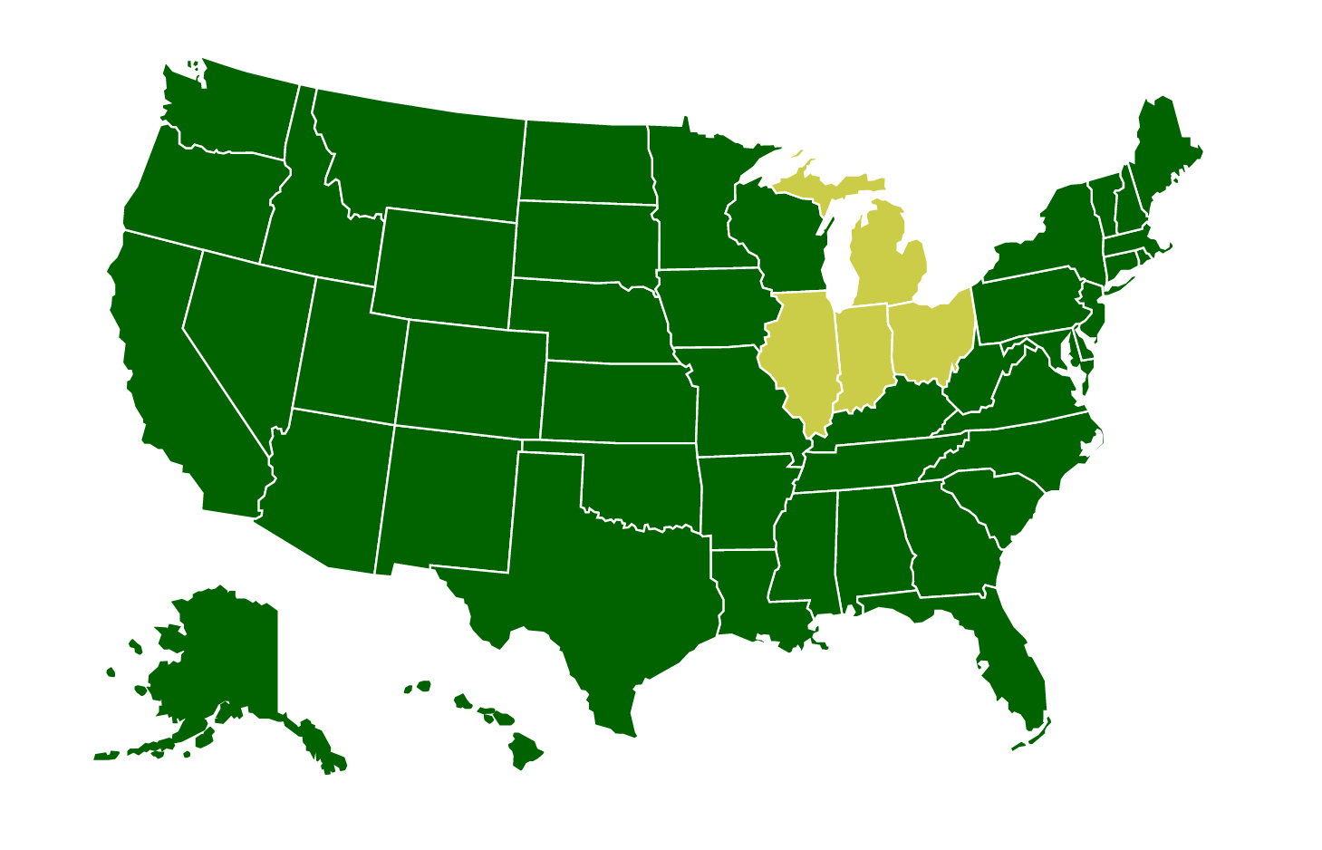 US map with Michigan, Illinois, Ohio and Indiana highlighted